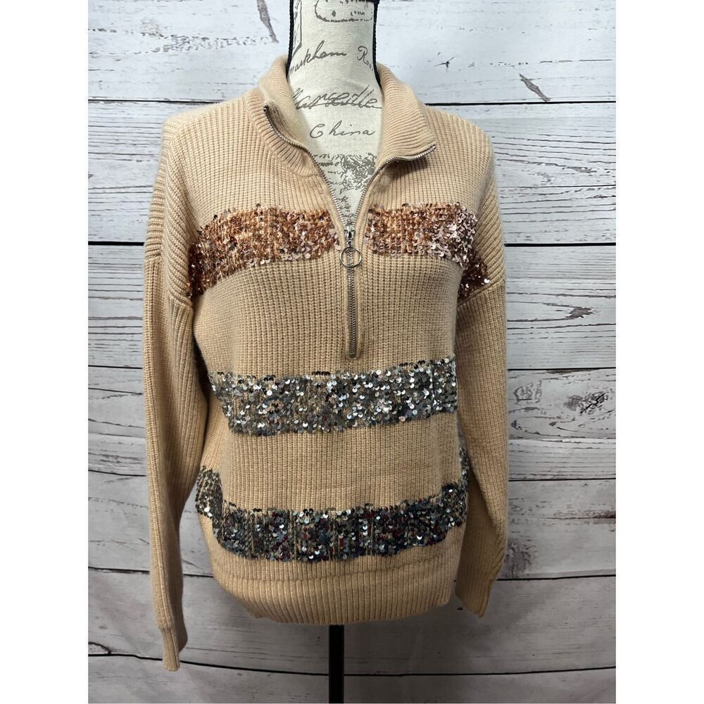 Nine West Sequin Embellished Half Zip Sweater Pullover‎